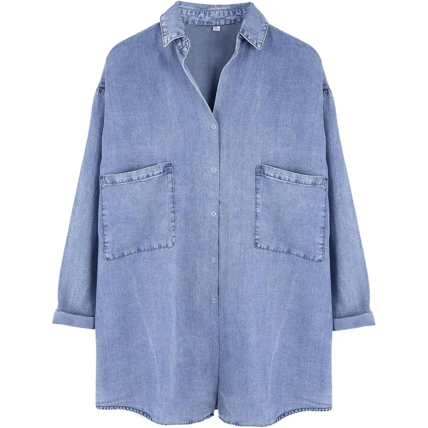 Women’s Tencel Chambray Denim Shirt – Oversized Button Down 3/4 Sleeve Top with Pockets