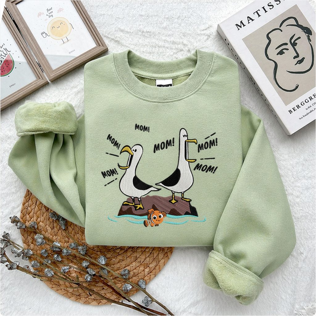 Embroidery Mom Mom Mom Nemo Seagull，Finding Nemo Goose Embroidery, Duck Mama Design– Cute Mama Graphic Sweatshirt/Hoodie