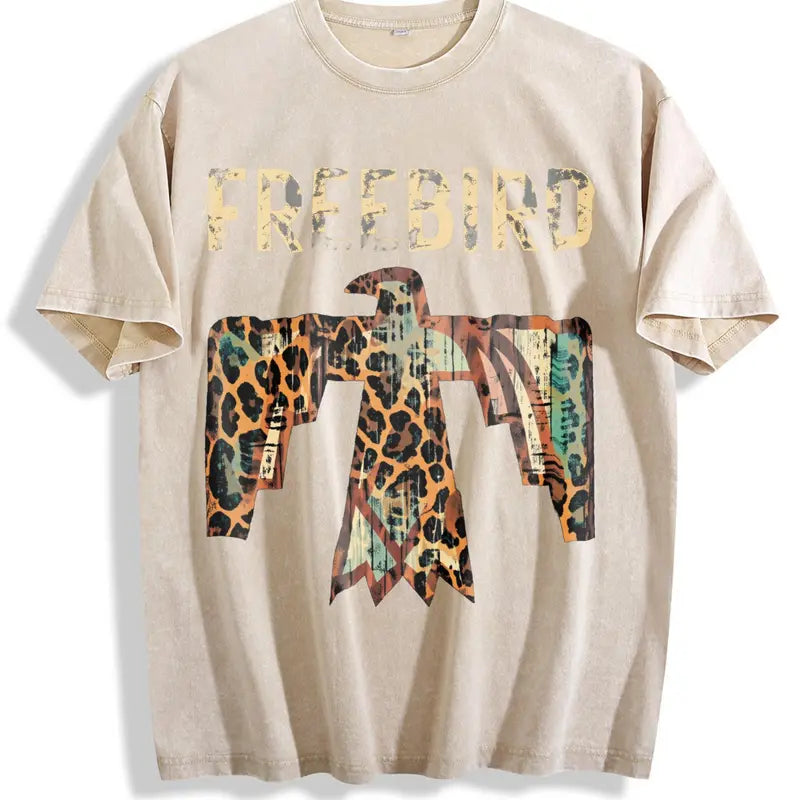 Freebird Thunderbird Graphic Tee – Vintage Washed Leopard Print Western T-Shirt/Sweatshirt/Hoodie