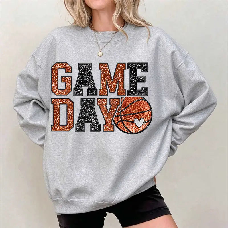Game Day Basketball Sweatshirt – Women's Oversized Basketball Graphic Crewneck, Sports Mom Game Day Outfit