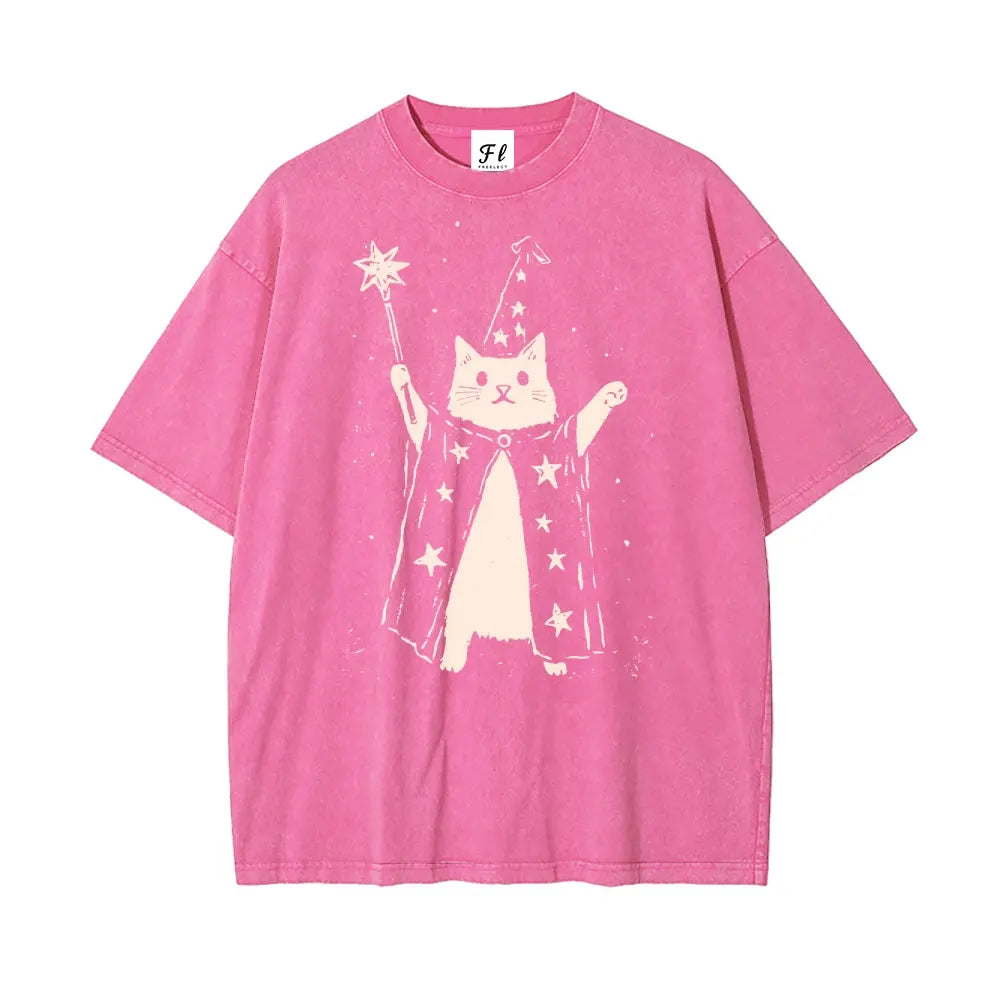 Wizard Cat Vintage Washed T-Shirt/Sweatshirt/Hoodie – Cute Fantasy Graphic Unisex Tee