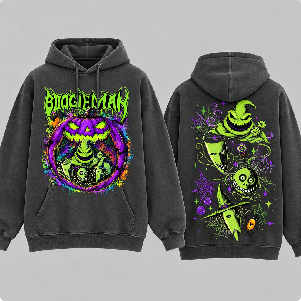 Boogeyman Halloween T-Shirt/Sweatshirt/Hoodie – Neon Spooky Character Front & Back Graphic Tee