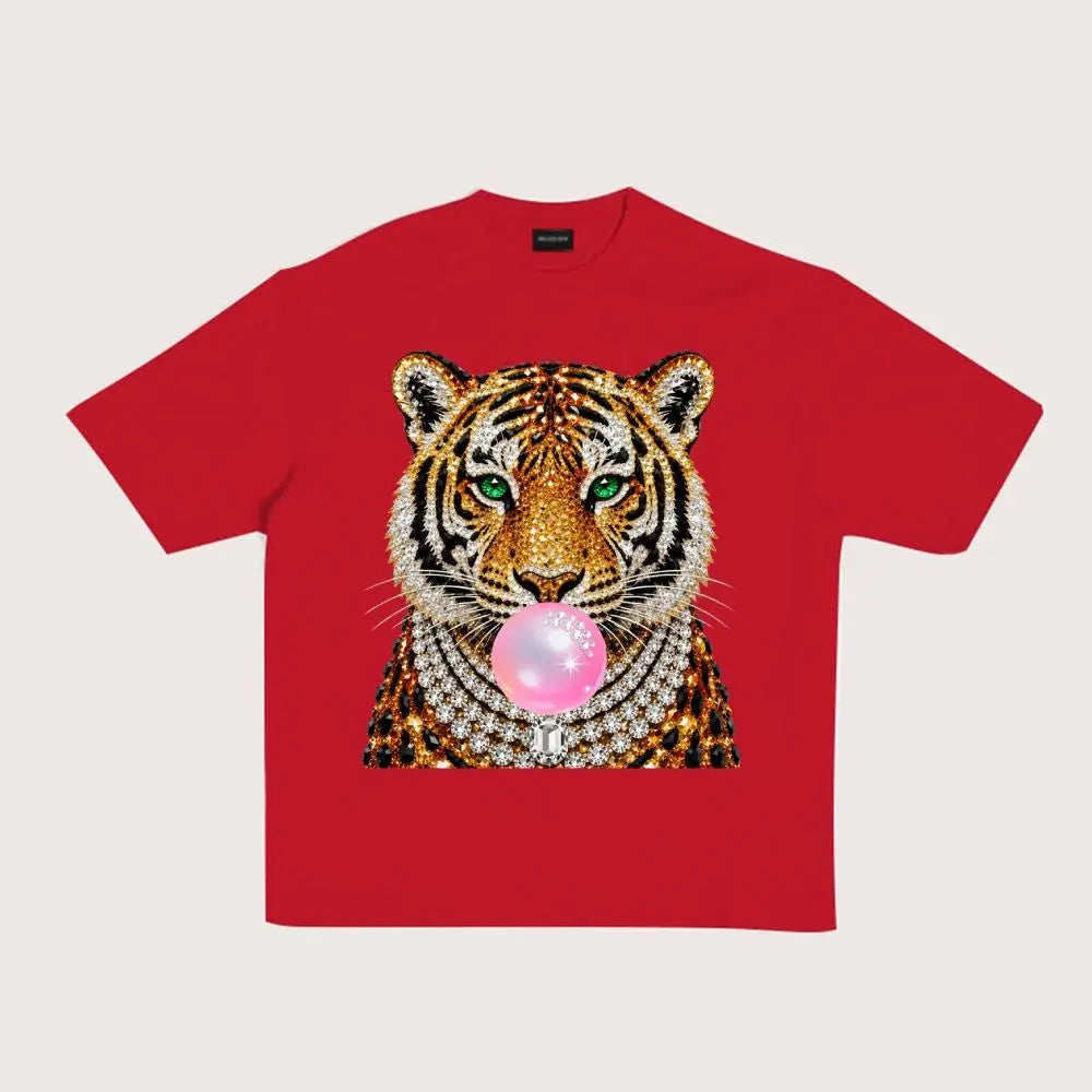 Glam Tiger Bubble Gum T-Shirt/Sweatshirt/Hoodie – Rhinestone Style Animal Graphic Tee, Y2K Streetwear Top