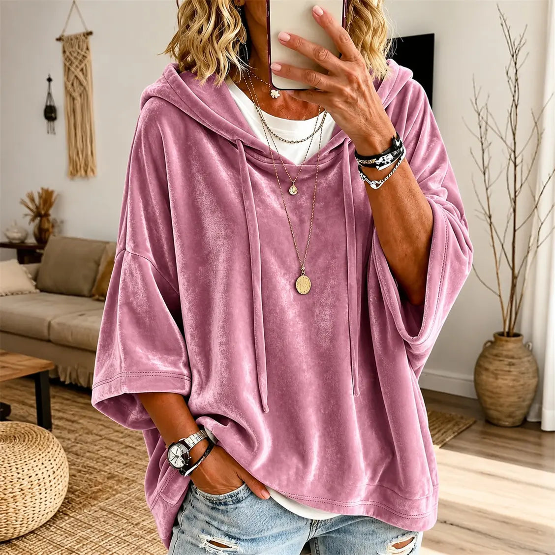Women’s Relaxed Oversized Hoodie – 3/4 Sleeve Soft Pullover Top with Drawstring Hood