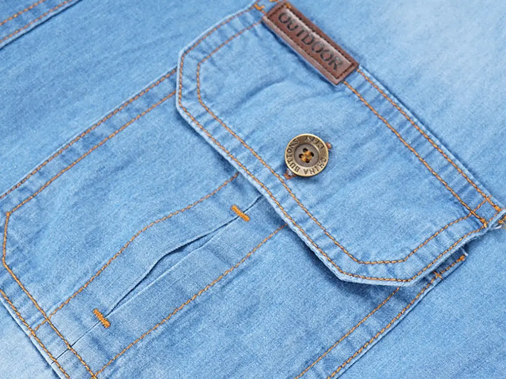 Men's Washed Denim Work Shirt – 100% Cotton Long Sleeve Utility Shirt
