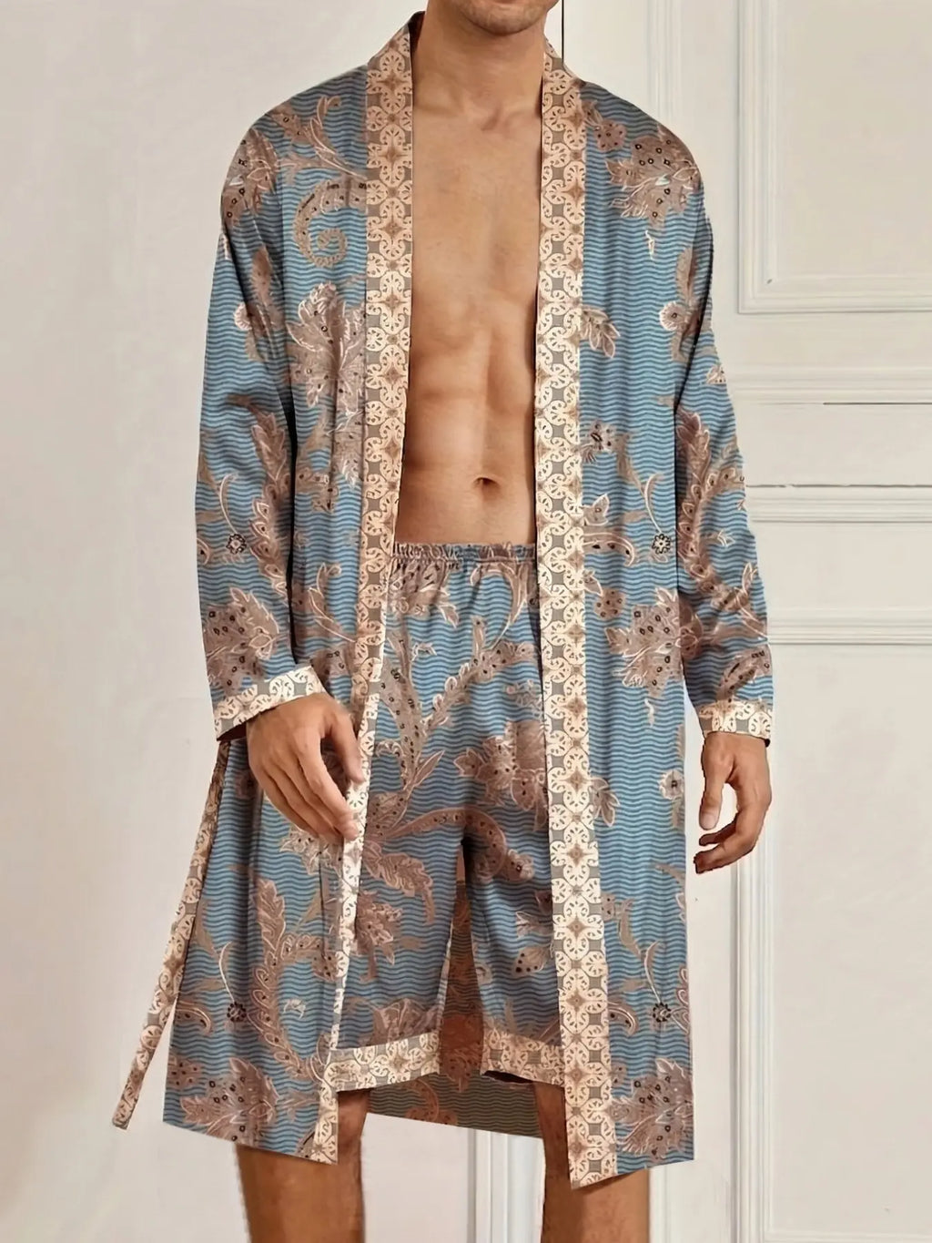 Men’s 2-Piece Printed Robe & Shorts Set – Relaxed Fit Luxury Loungewear