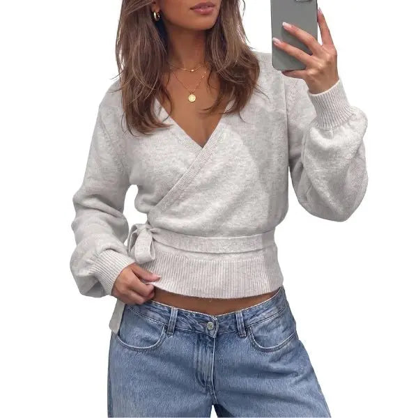 Women’s Wrap V-Neck Sweater – Tie Waist Lantern Sleeve Cropped Knit Top