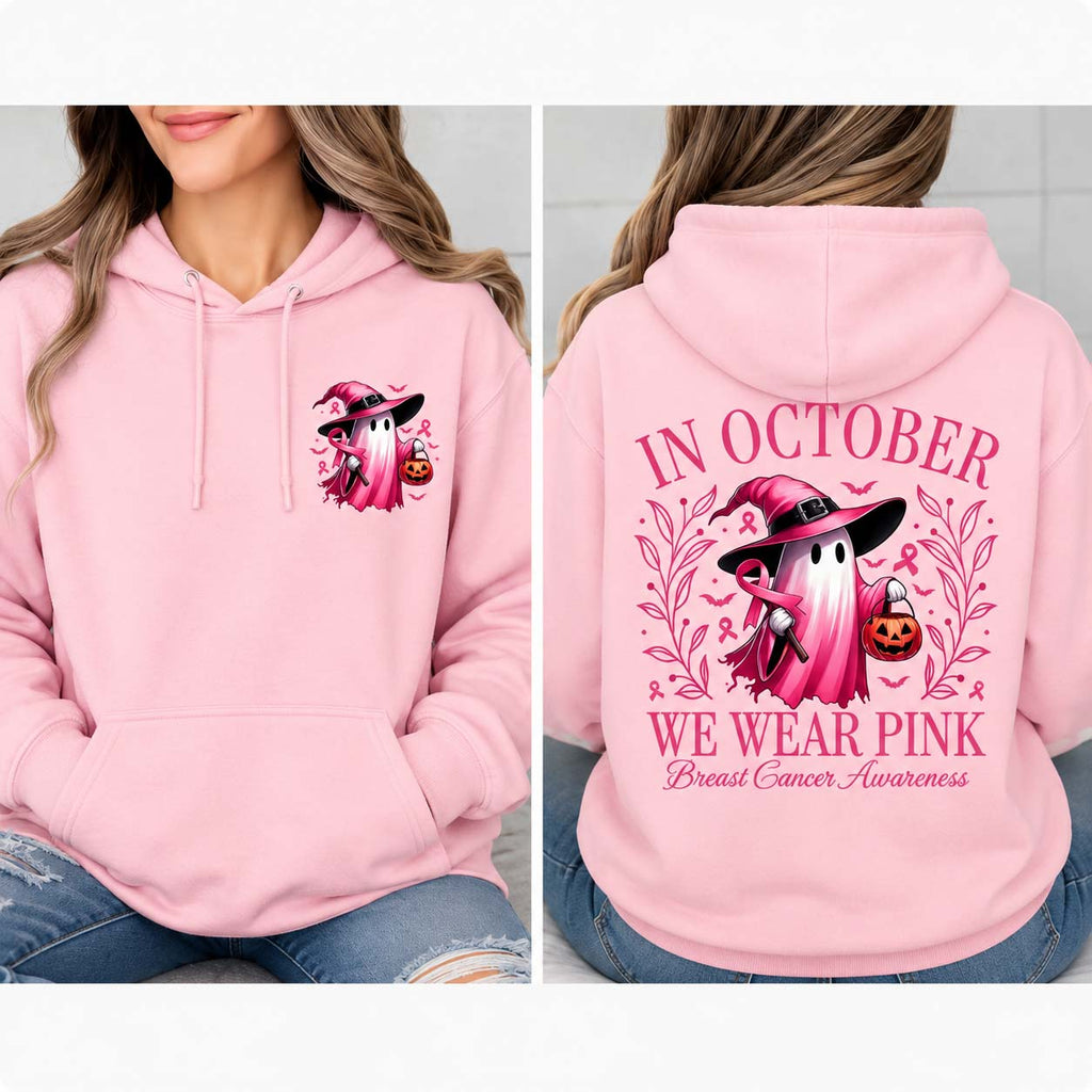 In October We Wear Pink Ghost Shirt/Sweatshirt/Hoodie – Breast Cancer Awareness Halloween Graphic Tee