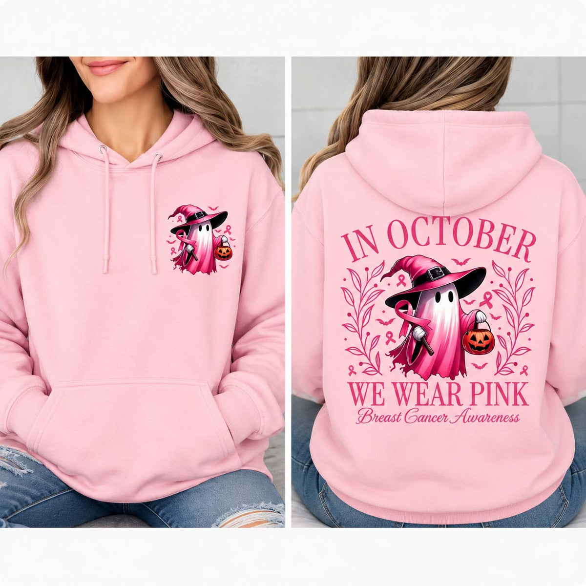 In October We Wear Pink Ghost Shirt/Sweatshirt/Hoodie – Breast Cancer Awareness Halloween Graphic Tee