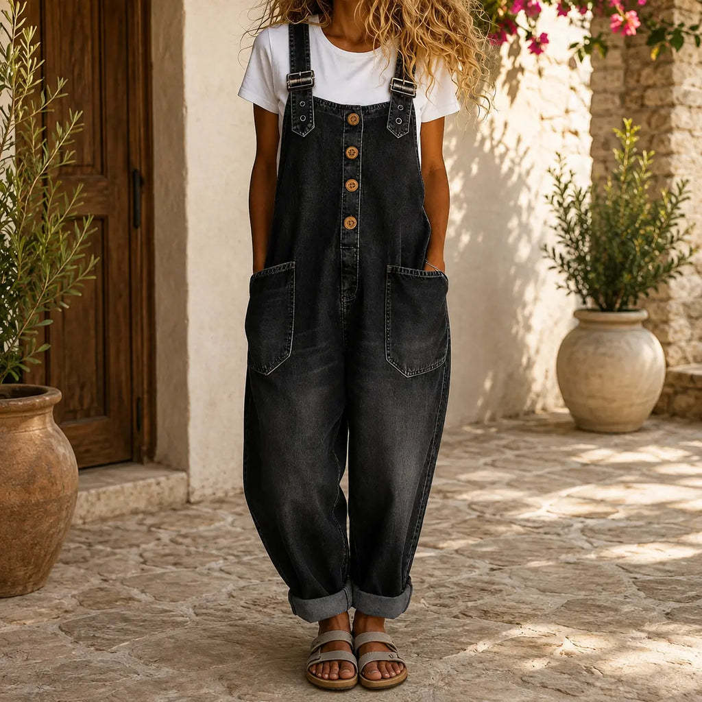 Women’s Loose Fit Denim Overalls – Adjustable Strap Button Front Jumpsuit with Large Pockets