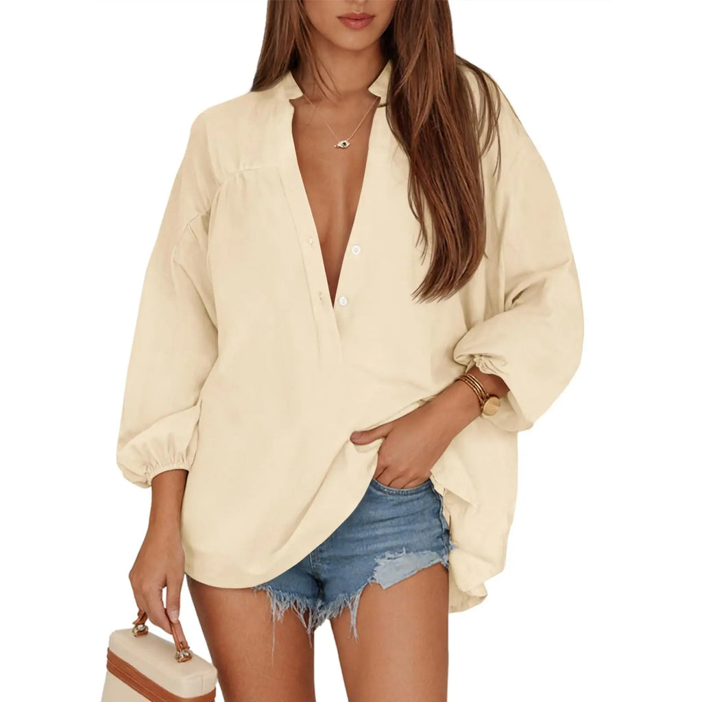 Women’s V Neck Button Down Blouse – 3/4 Sleeve Loose Fit High Low Hem Casual Tunic Top