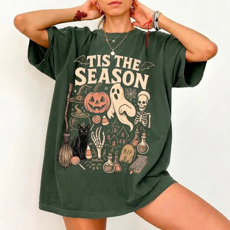 Tis the Season Halloween Shirt/Sweatshirt/Hoodie – Vintage Ghost Pumpkin Black Cat Graphic Tee, Spooky Fall T-Shirt