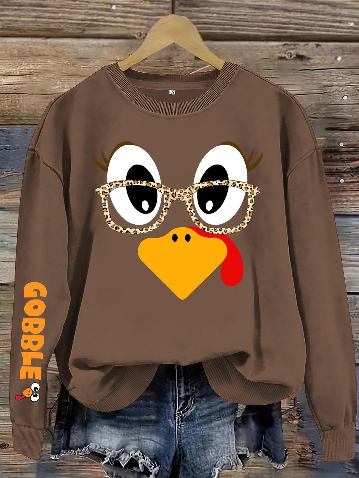Funny Thanksgiving Turkey Sweatshirt/Hoodie – Leopard Glasses Gobble Graphic Crewneck, Cute Fall Pullover