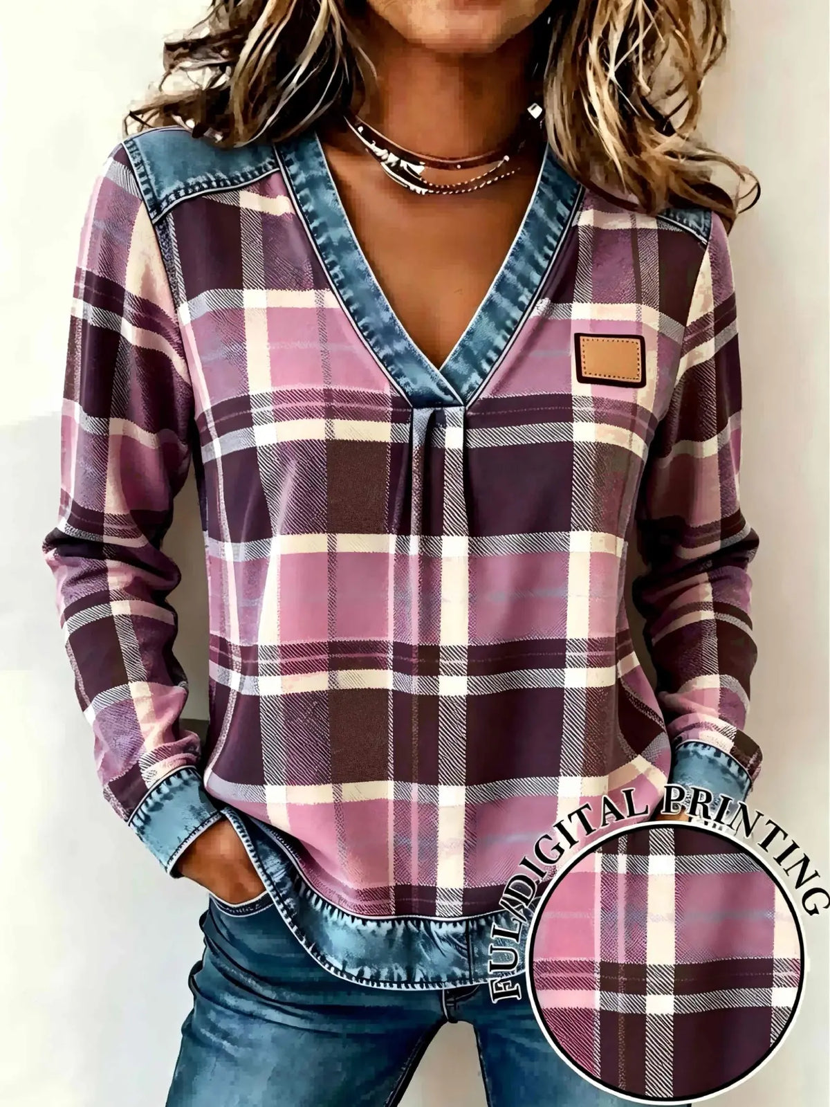 Women’s Plaid V-Neck Top – Faux Denim Trim Long Sleeve Casual Shirt