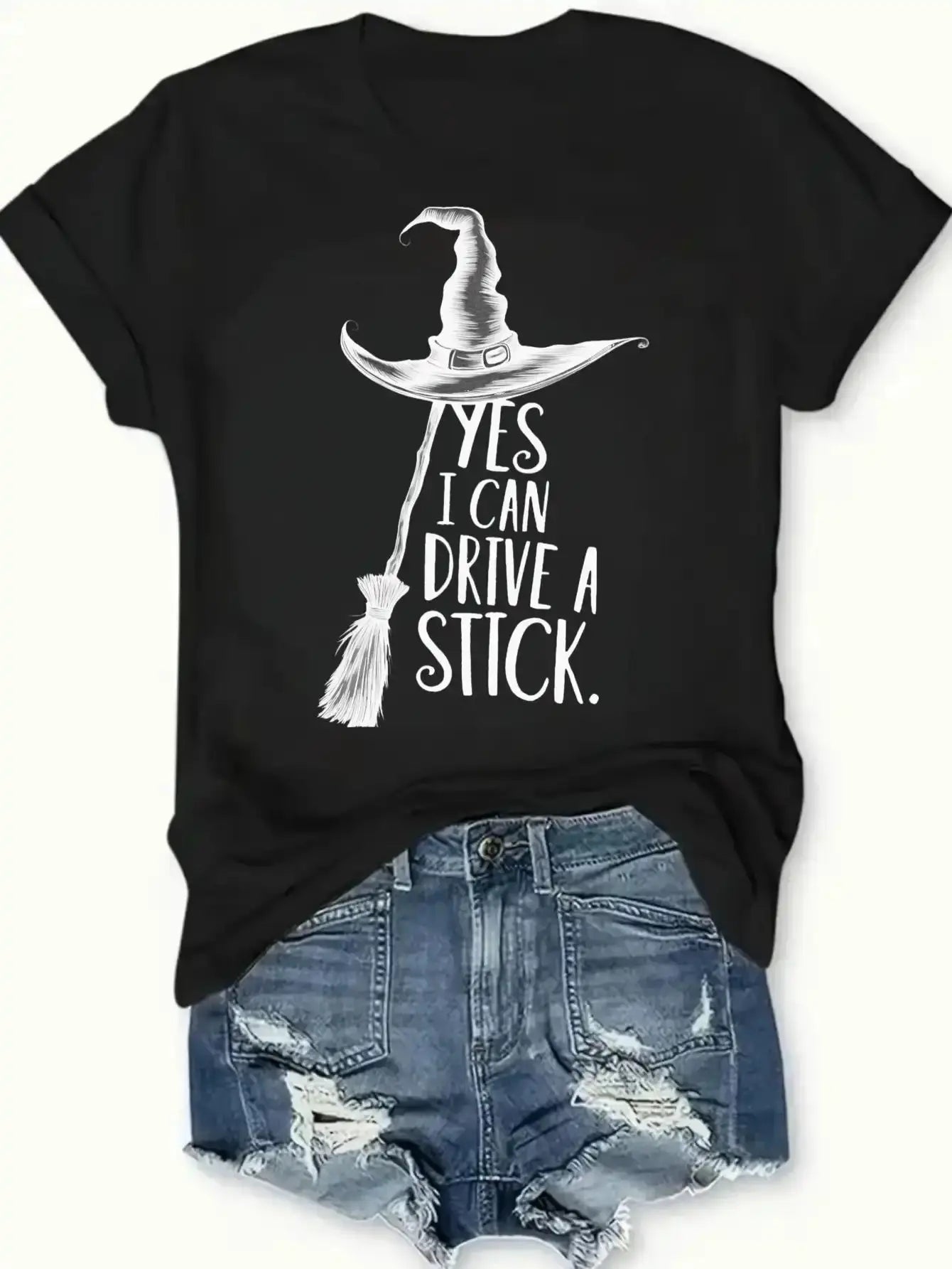 Funny Witch Graphic T-Shirt/Sweatshirt/Hoodie – Yes I Can Drive A Stick Halloween Tee