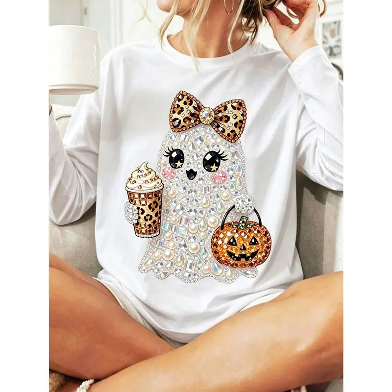 Coquette Ghost Halloween Rhinestone-Look Print T-Shirt/Sweatshirt/Hoodie – Cute Pearl Bow Pumpkin Coffee Graphic Tee