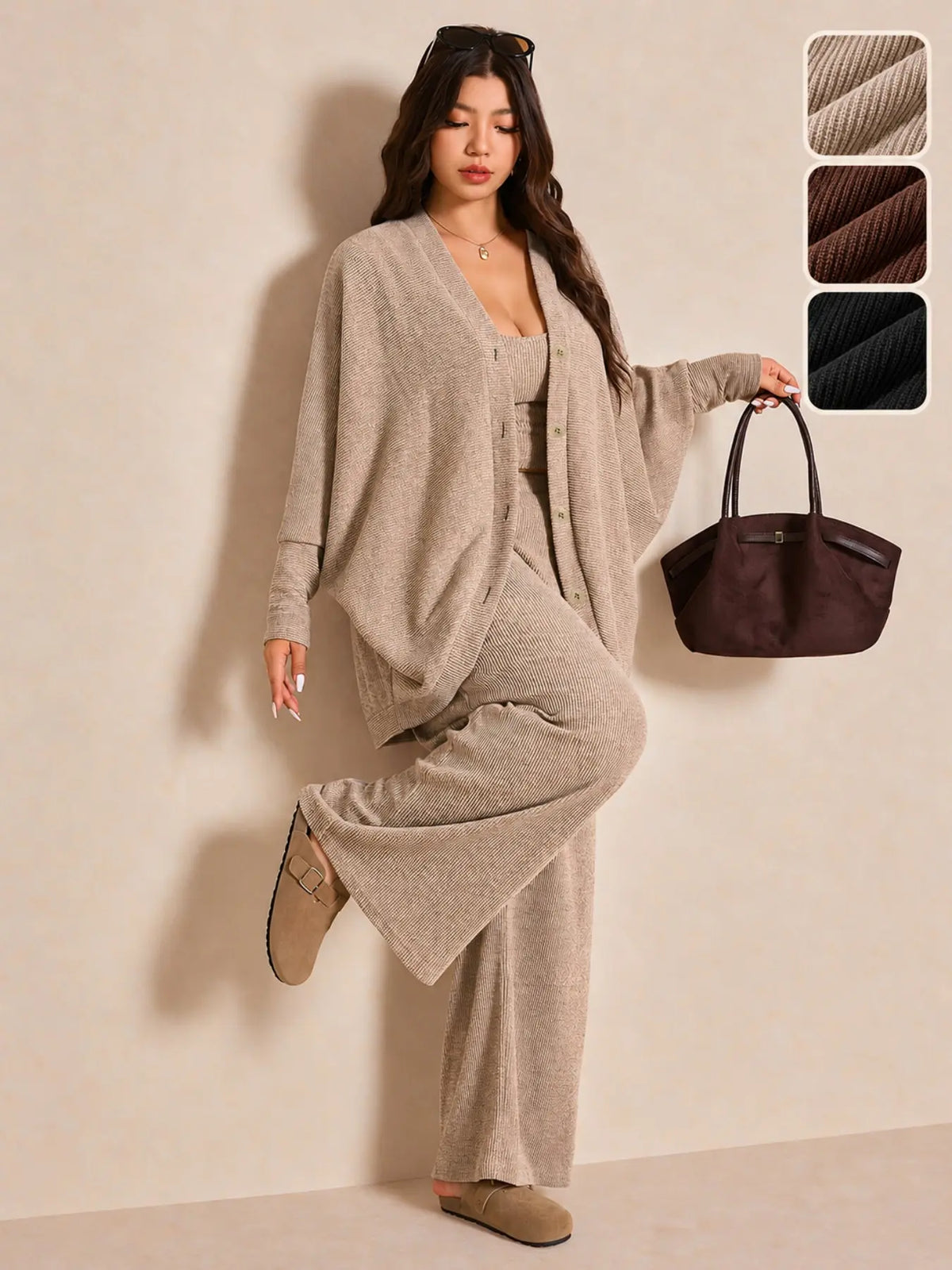 Women's Cozy 3-Piece Knit Lounge Set – Cardigan, Tank Top & Wide-Leg Pants