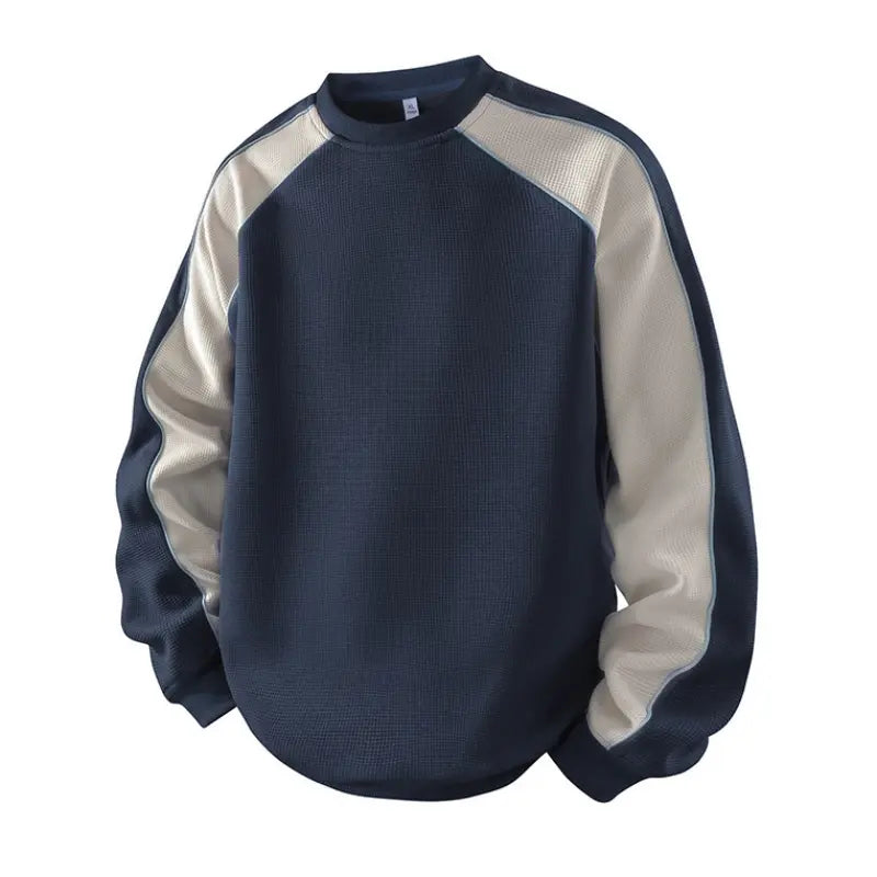 Men’s Waffle Knit Color Block Sweatshirt – Relaxed Fit Crewneck Long Sleeve Pullover