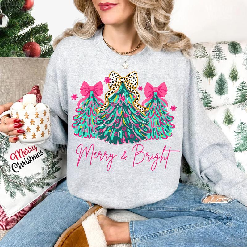 Christmas Sweatshirt Merry & Bright Xmas Tree, Pink Holiday Pullover with Festive Bow and Lights, Cute Jolly Tee, Merry Christmas Mom Crewneck Apparel Cotton
