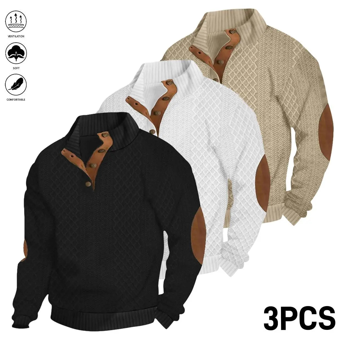 Men’s 3-Pack Textured Knit Pullover – Button Stand Collar Long Sleeve Sweaters with Elbow Patches