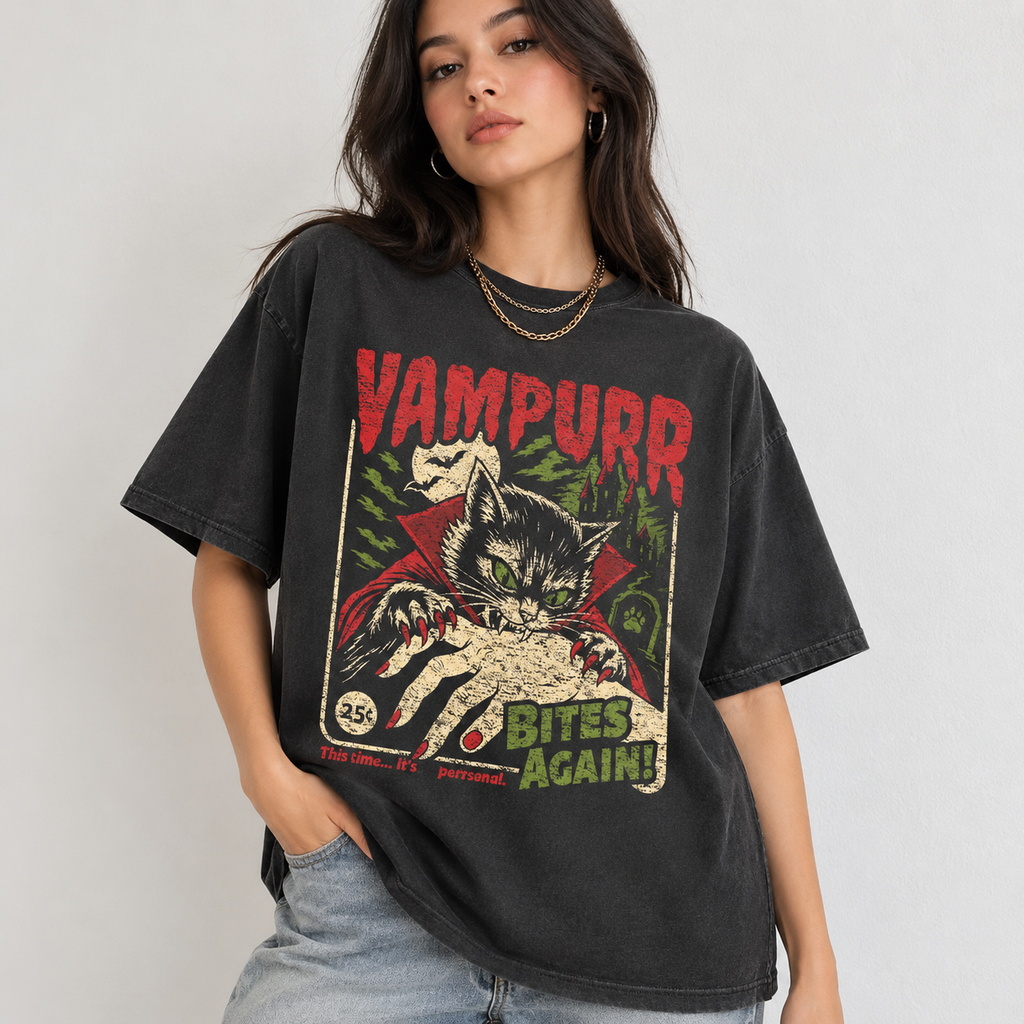 🧛‍Vampurr Bites Again T-Shirt/Sweatshirt/Hoodie – Retro Vampire Cat Halloween Graphic Tee