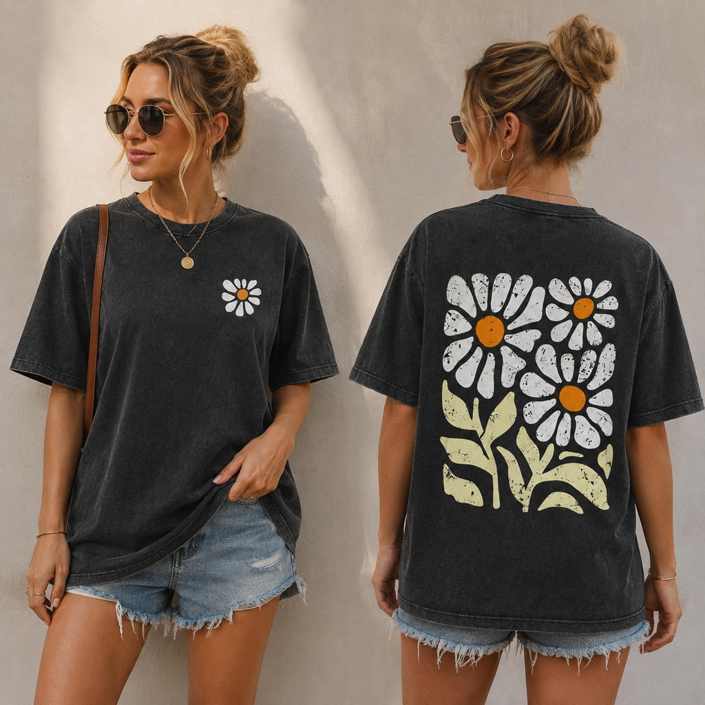 Vintage Daisy Graphic T-Shirt/Sweatshirt/Hoodie – Washed Cotton Front & Back Floral Tee