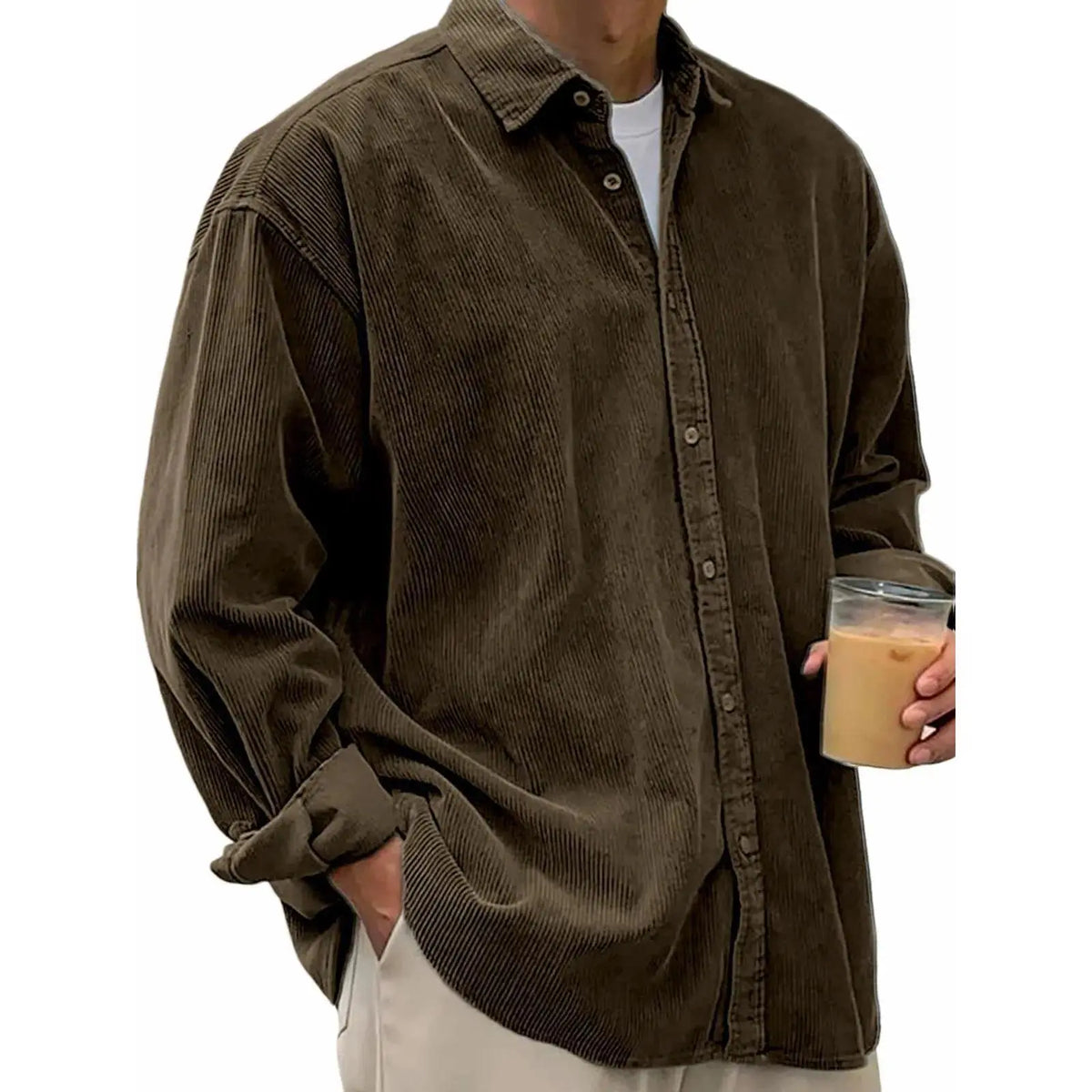 Men’s Corduroy Button-Down Shirt – Relaxed Fit Long Sleeve Casual Overshirt