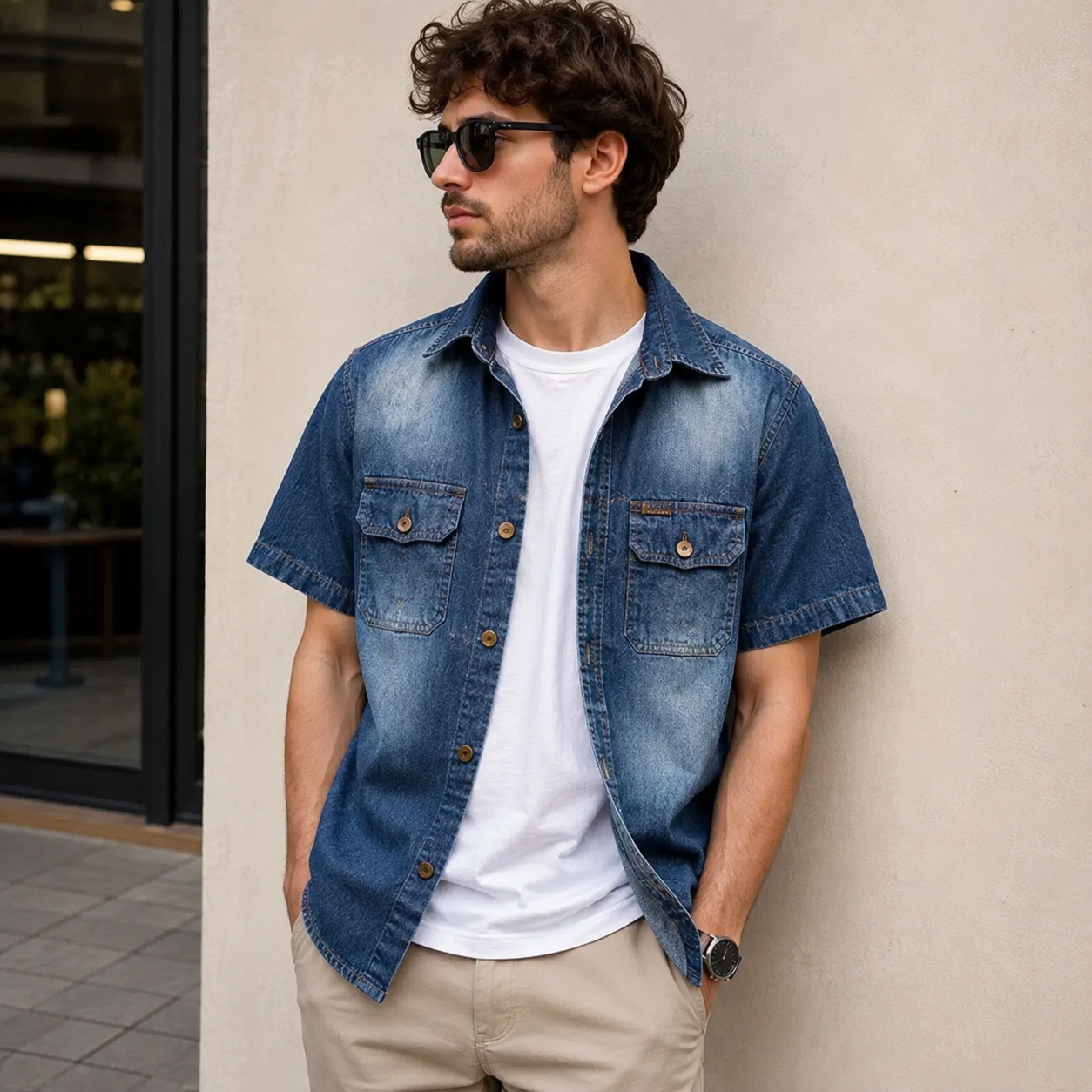 Men's Vintage Washed Denim Shirt – Short Sleeve Double Pocket Work Shirt