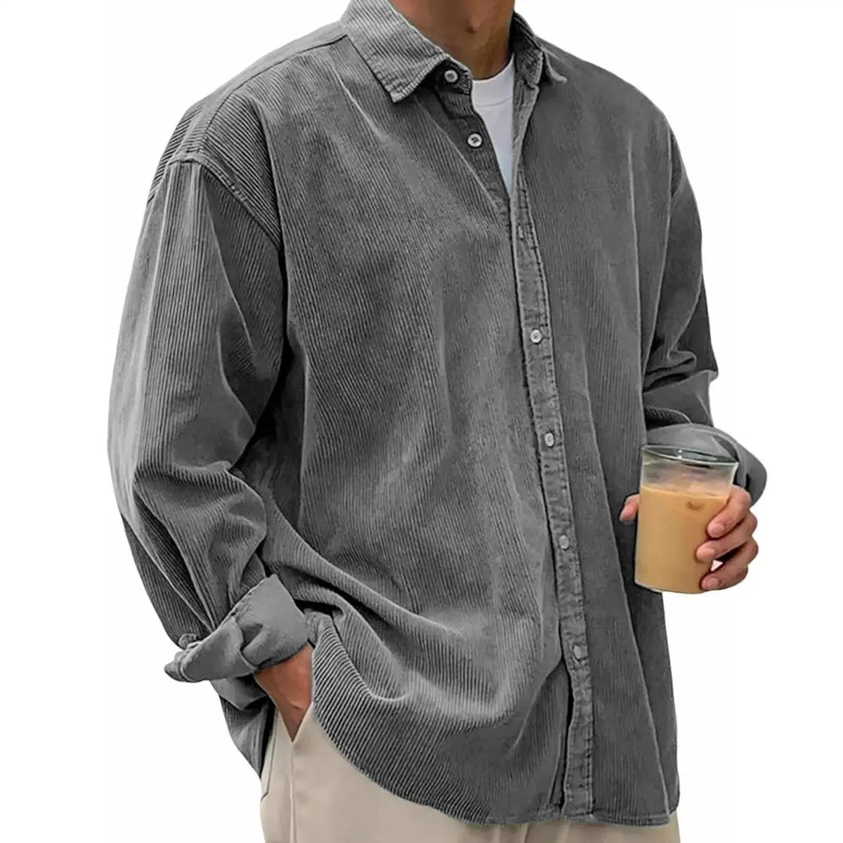 Men’s Corduroy Button-Down Shirt – Relaxed Fit Long Sleeve Casual Overshirt