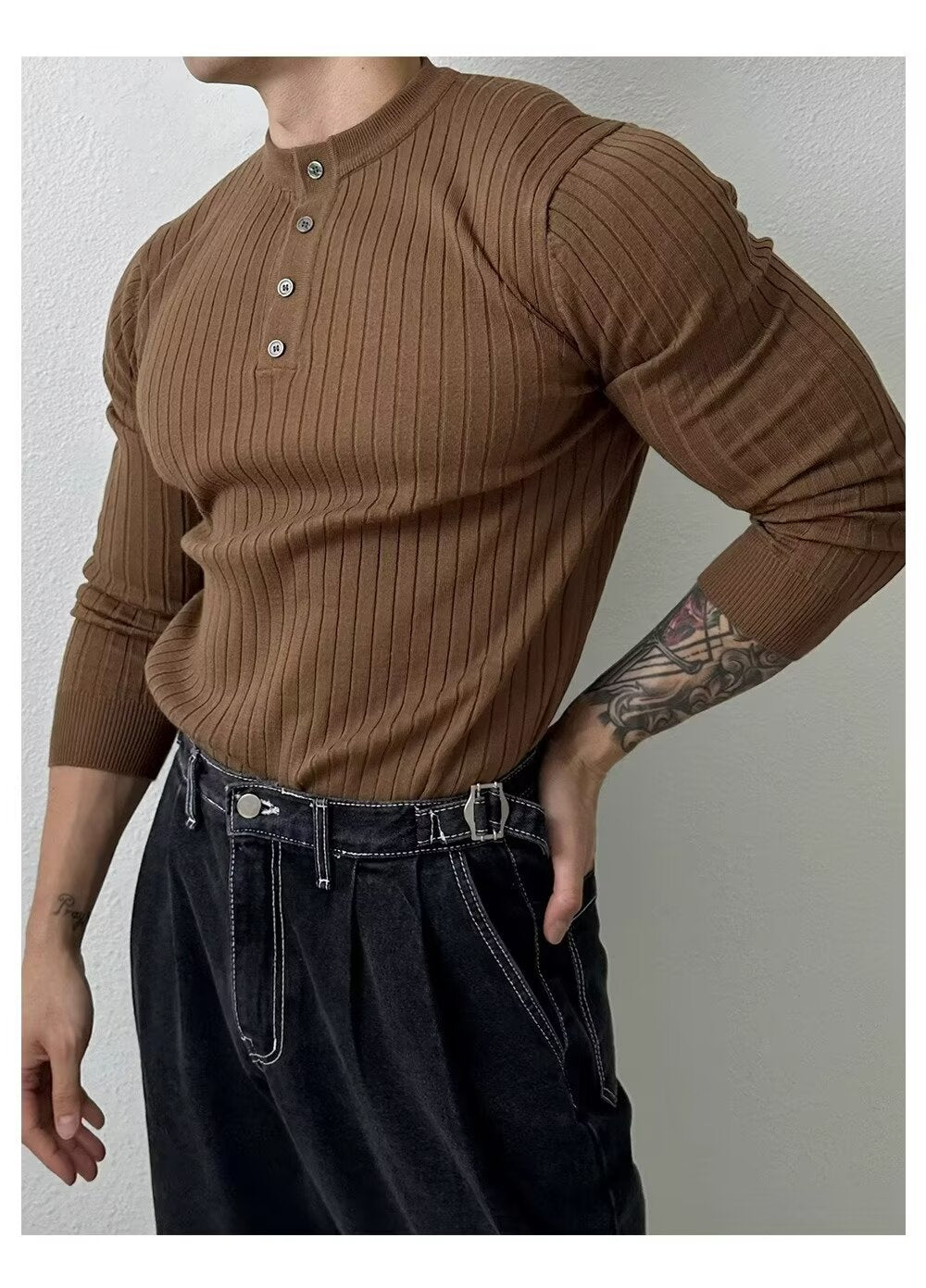 Men’s Ribbed Henley Shirt – Slim Fit Long Sleeve Button Neck Knit Top