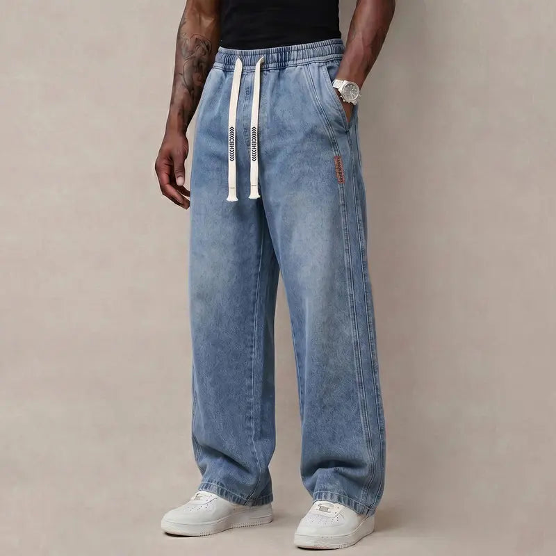 Men's Baggy Drawstring Jeans – Vintage Washed Wide Leg Denim Pants