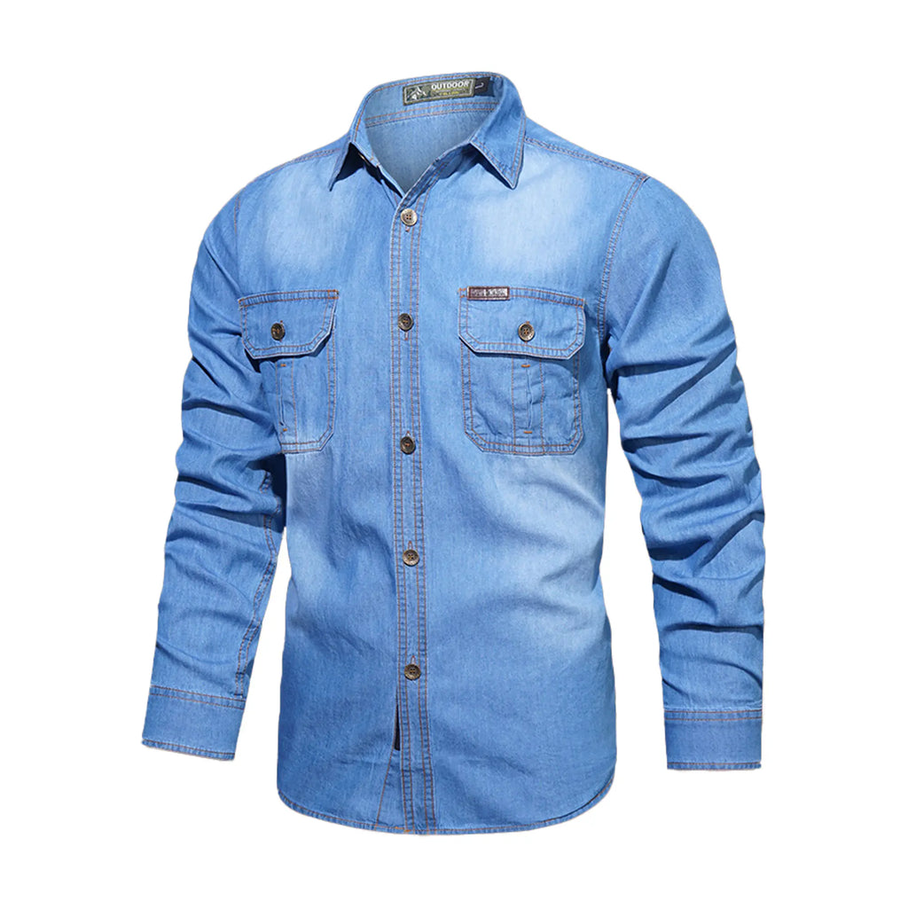 Men's Washed Denim Work Shirt – 100% Cotton Long Sleeve Utility Shirt