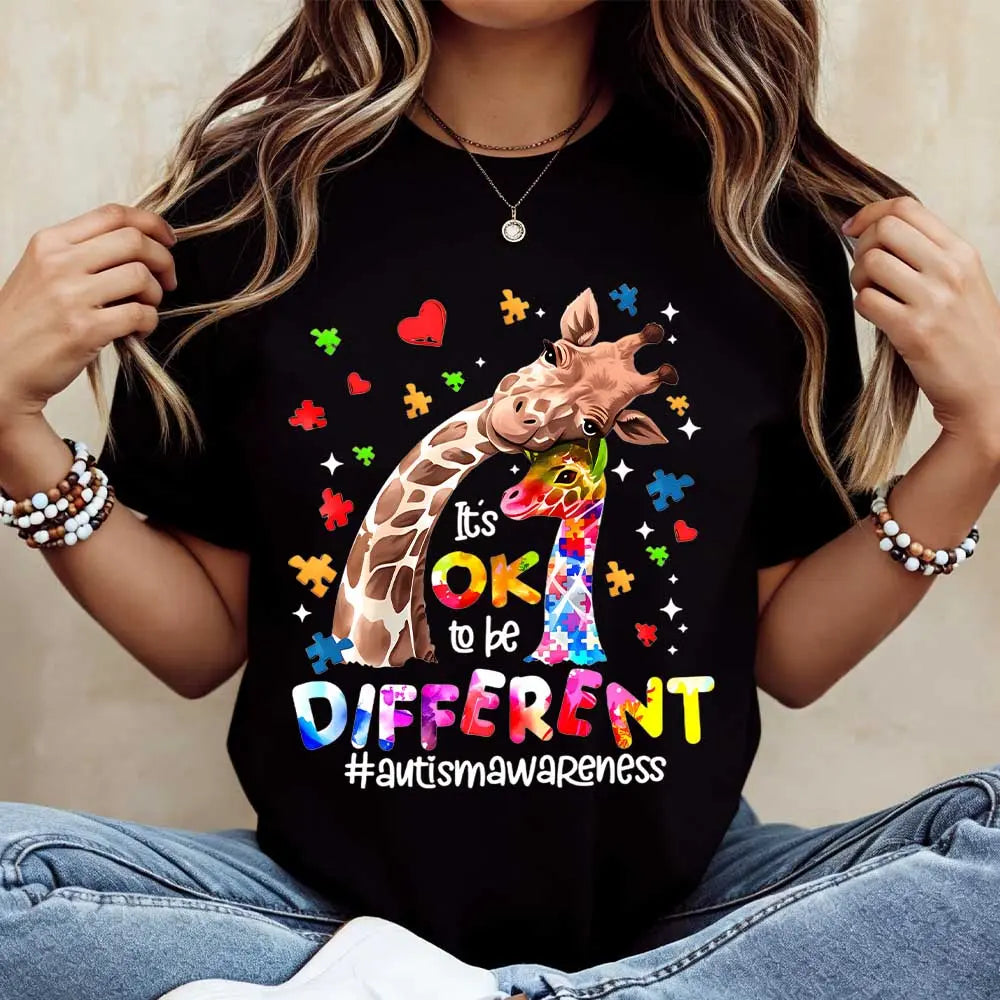 “Ok To Be Different” Autism Awareness Shirt/Sweatshirt/Hoodie – Giraffe Puzzle Heart Graphic Tee for Women