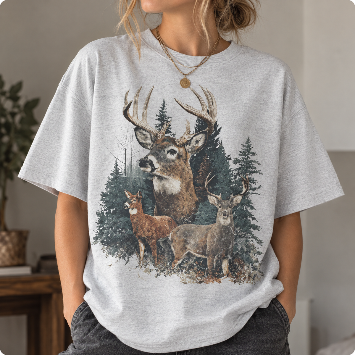 Vintage Deer Forest Sweatshirt/Hoodie/T-Shirt – Retro Wildlife Outdoor Graphic Crewneck