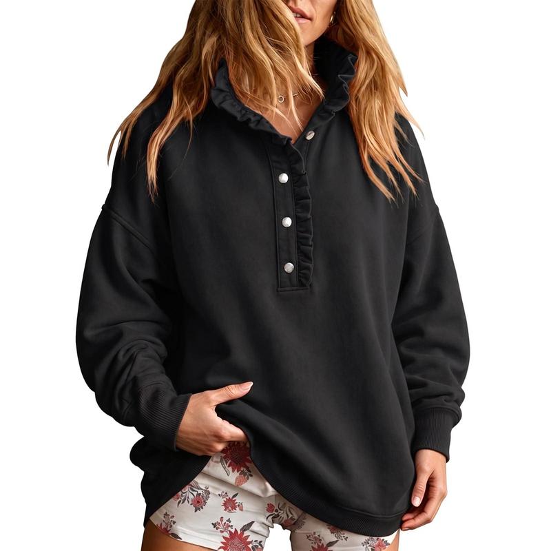 Women's Ruffle Mock Neck Sweatshirt – Oversized Snap Button Casual Pullover