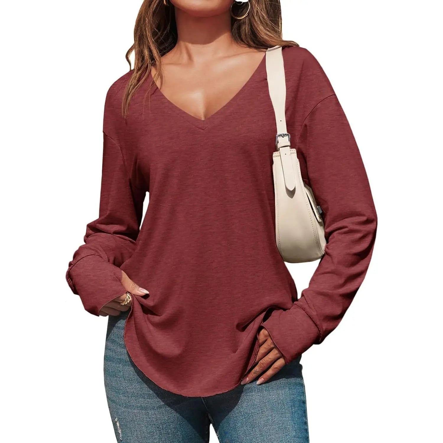 Women’s V Neck Long Sleeve Tunic Top – Loose Fit Curved Hem Casual Basic T-Shirt