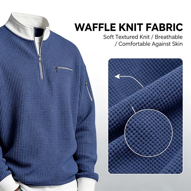 Men's Waffle Knit Quarter-Zip Pullover – Contrast Collar Casual Sweatshirt