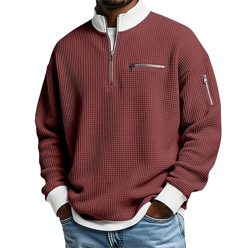 Men's Waffle Knit Quarter-Zip Pullover – Contrast Collar Casual Sweatshirt