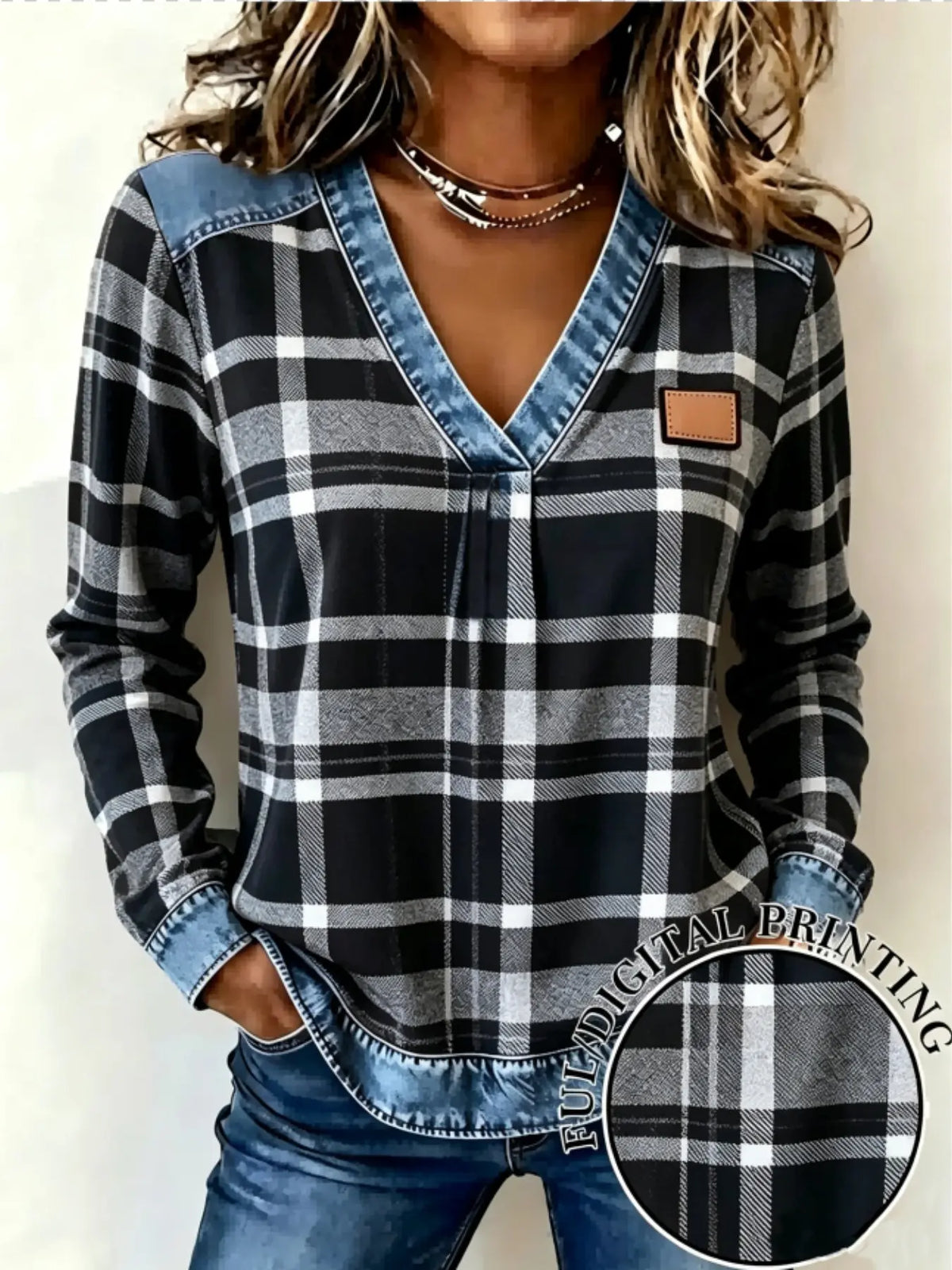 Women’s Plaid V-Neck Top – Faux Denim Trim Long Sleeve Casual Shirt