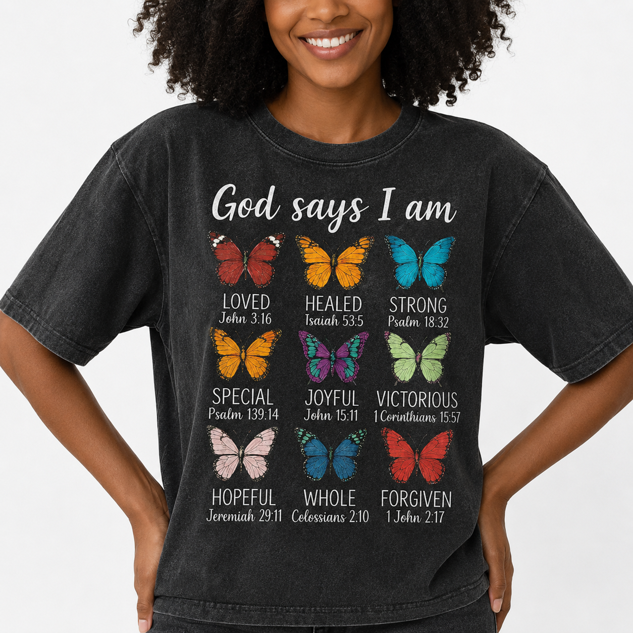 God Says I Am Butterfly Christian Graphic T-Shirt/Sweatshirt/Hoodie – Inspirational Bible Verse Faith Tee