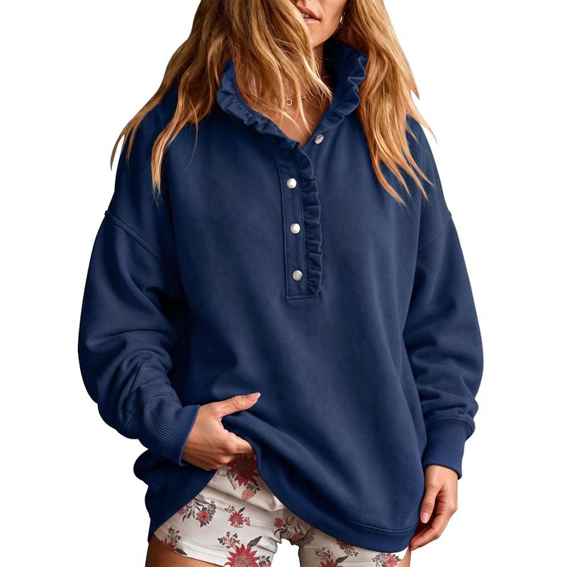 Women's Ruffle Mock Neck Sweatshirt – Oversized Snap Button Casual Pullover