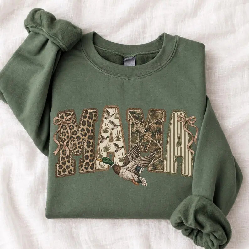 Duck Hunting Mama Sweatshirt/Hoodie/T-Shirt – Vintage Camo Bow Graphic Crewneck for Women