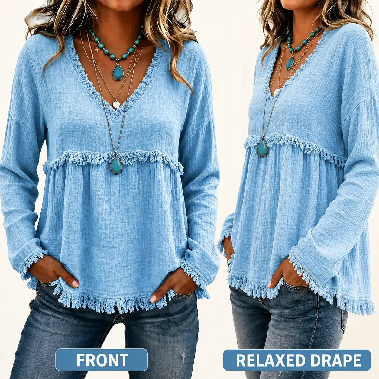 Women's Boho V-Neck Fringe Top – Flowy Long Sleeve Western Babydoll Blouse