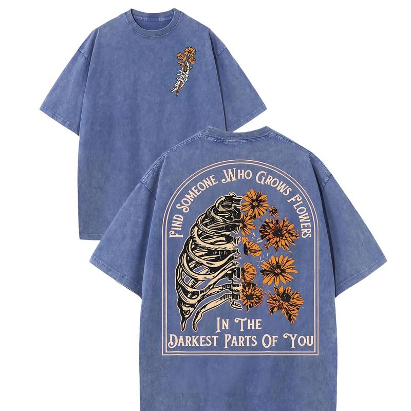 Skeleton Sunflower Graphic T-Shirt/Sweatshirt/Hoodie – Vintage Gothic Floral Front & Back Tee