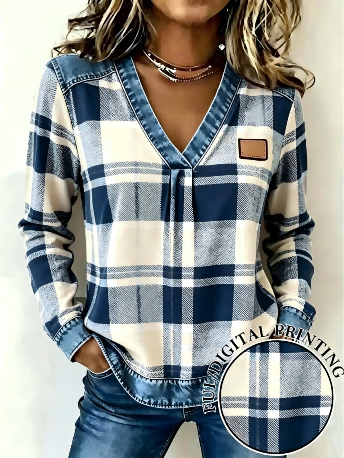 Women’s Plaid V-Neck Top – Faux Denim Trim Long Sleeve Casual Shirt
