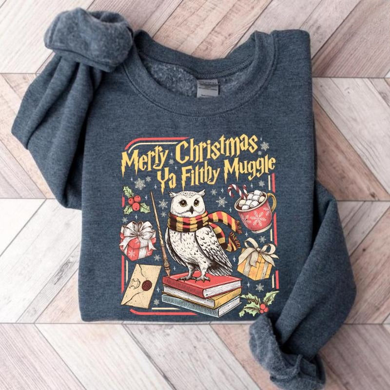 Merry Christmas Ya Filthy Muggle Sweatshirt/Hoodie/T-Shirt – Vintage Wizard Owl Holiday Crewneck