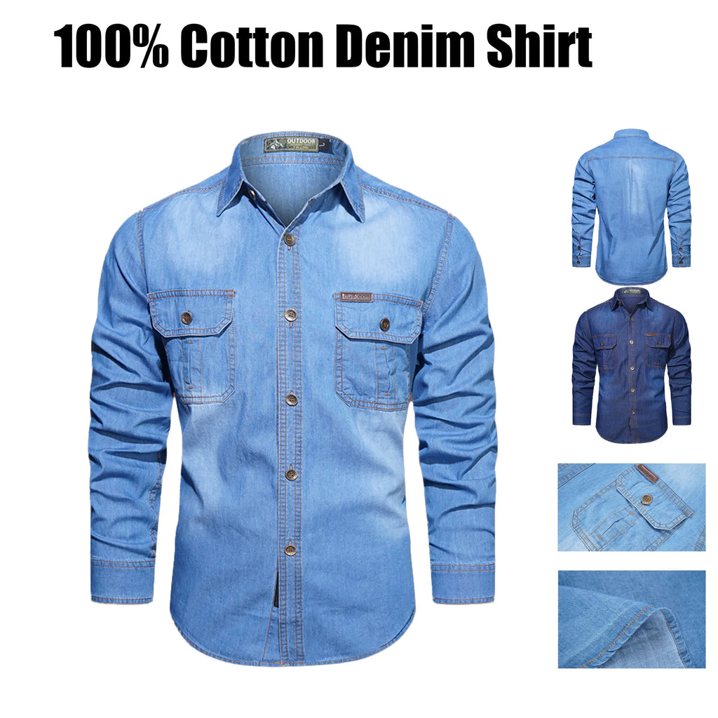 Men's Washed Denim Work Shirt – 100% Cotton Long Sleeve Utility Shirt