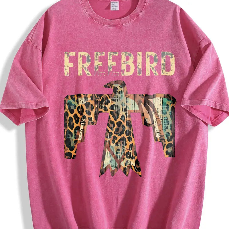 Freebird Thunderbird Graphic Tee – Vintage Washed Leopard Print Western T-Shirt/Sweatshirt/Hoodie