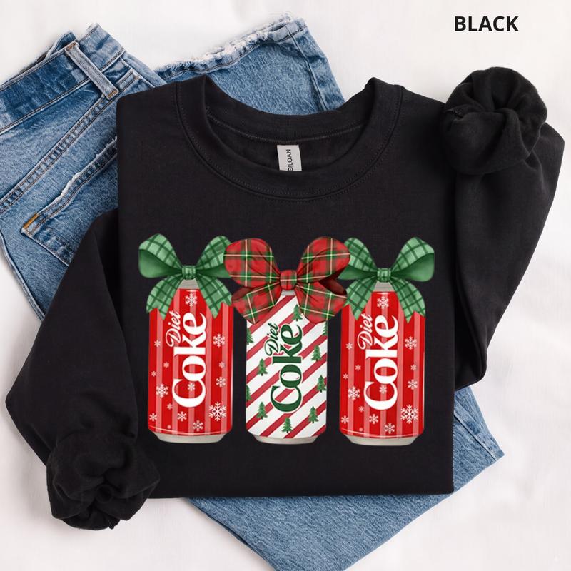 Christmas Soda Bow Sweatshirt/Hoodie/T-Shirt – Cute Plaid Ribbon Holiday Graphic Crewneck