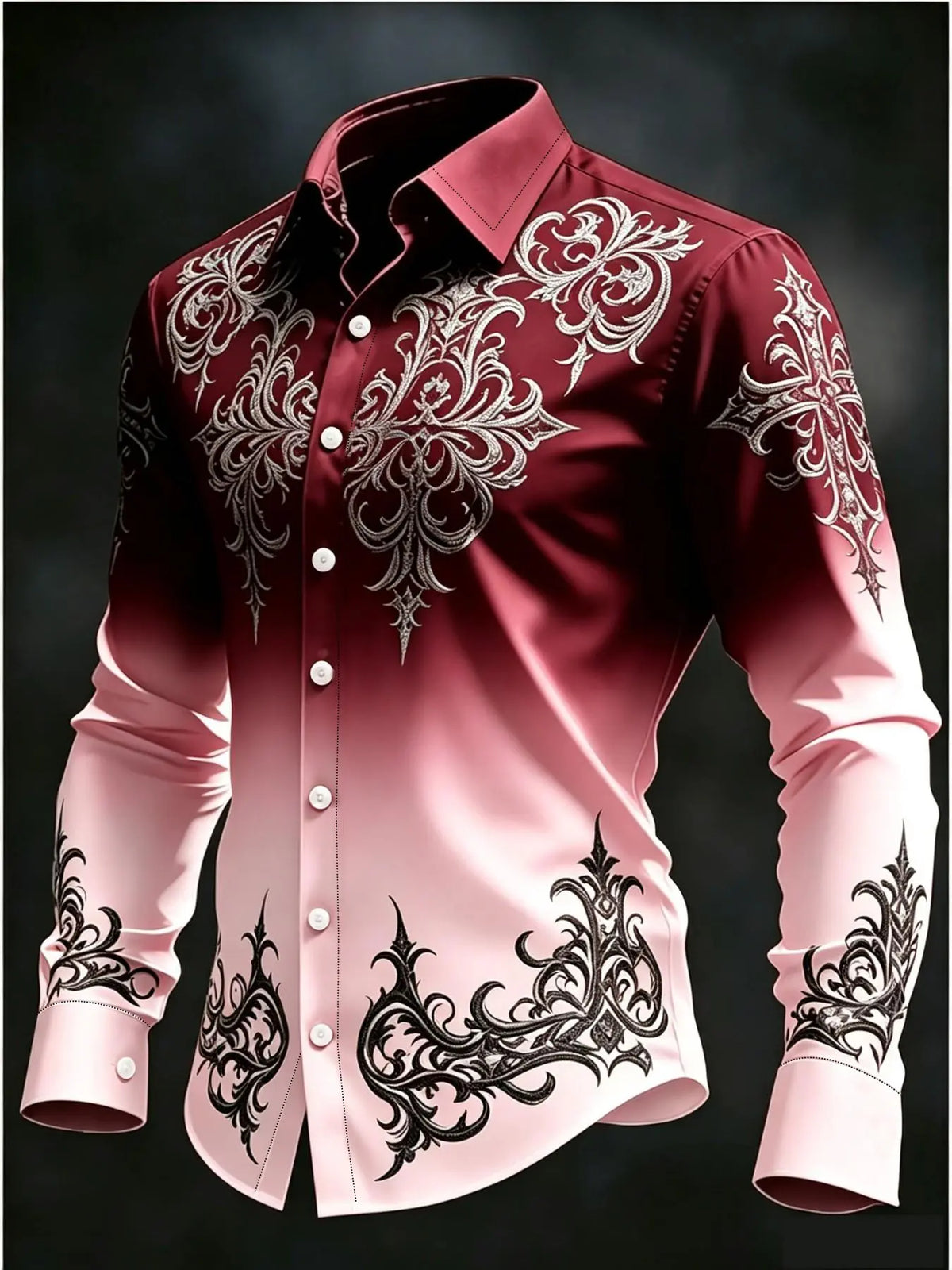 Men’s Baroque Print Gradient Shirt – Long Sleeve Button-Down Statement Shirt